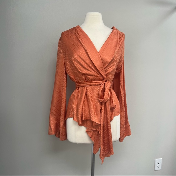 BCBGMaxAzria Tops - BCBG Textured Satin Long Sleeve Wrap Top in Papaya